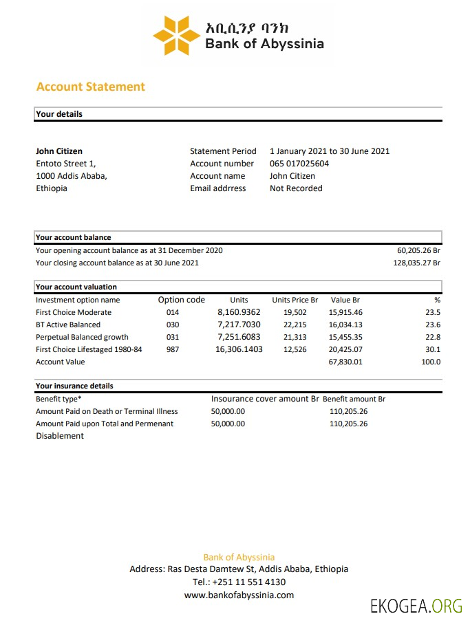 Relevé bancaire de l'Ethiopie Bank of Abyssinia, modèle facile à remplir au format de fichier .xls et .pdf